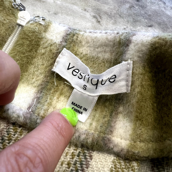 Vestique Green + Cream Plaid Wool Mini Skirt Size Women's Small