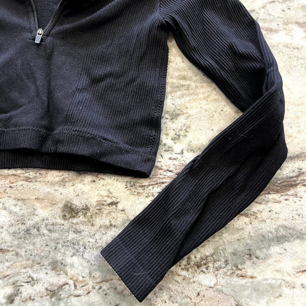 No Boundaries Women's Black Ribbed Crop Half Zip Workout Top Size Small
