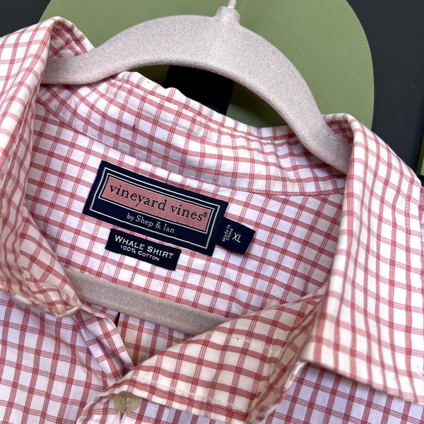 Vineyard Vines Light Red + White 100% Cotton Whale Shirt Button Down Top XL
