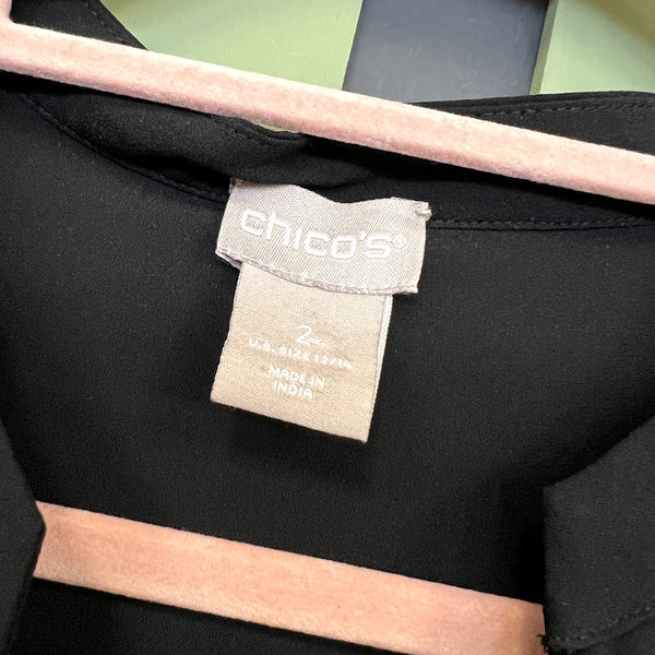 Chico's Black V-Neck Gold Embellished Balloon Sleeve Blouse Size 12/14