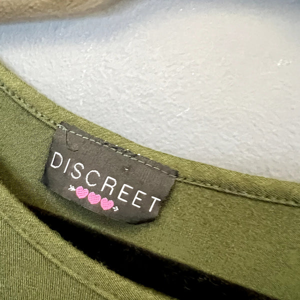 Discreet Olive Green Twist Front Blouse Size Large