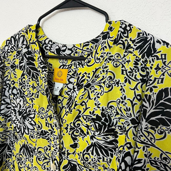 Ruby Rd. Yellow + Black Sheer Button Down Blouse Medium