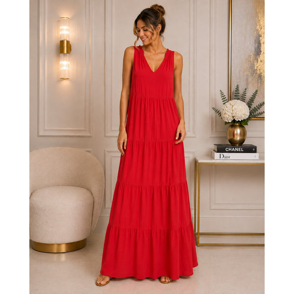 Women's Red V-Neck Sleeveless Tiered Maxi Dress Size Large