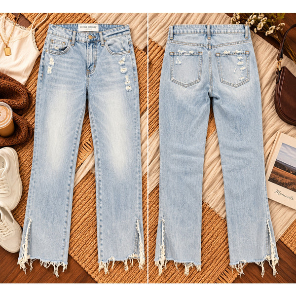Flying Monkey Light Wash Straight Leg Raw Hem Jeans Size 24