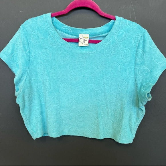 Offline by Aerie Neon Blue Smiley French Terry Cloth Crop Top XL