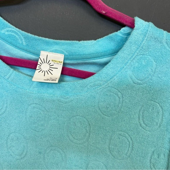 Offline by Aerie Neon Blue Smiley French Terry Cloth Crop Top XL