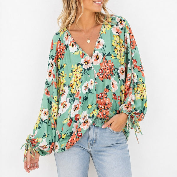Umgee Floral Twist Front Long Sleeve Blouse Small