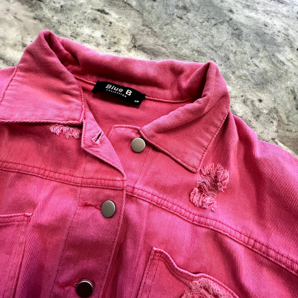 Blue B Hot Pink Cropped Fringe Rhinestone Button Down Jacket Size Small/Medium