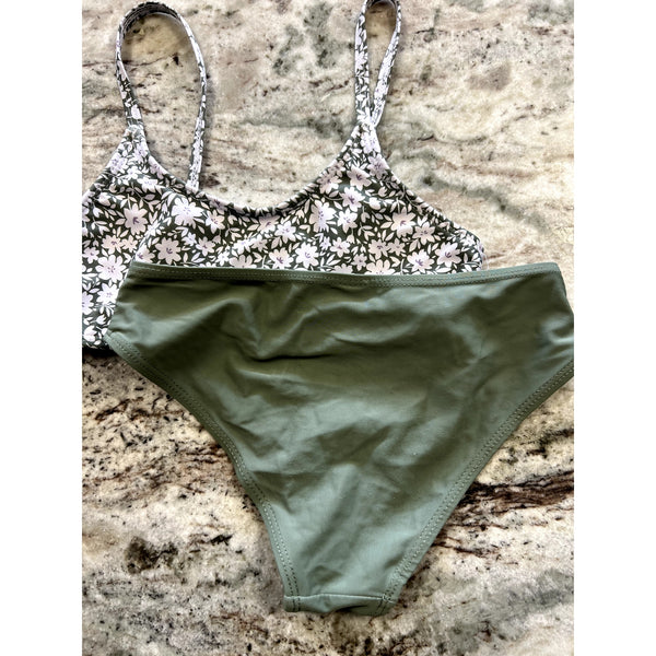 Girls Floral Sage Two Piece Bikini Swimsuit Size Youth 7/8