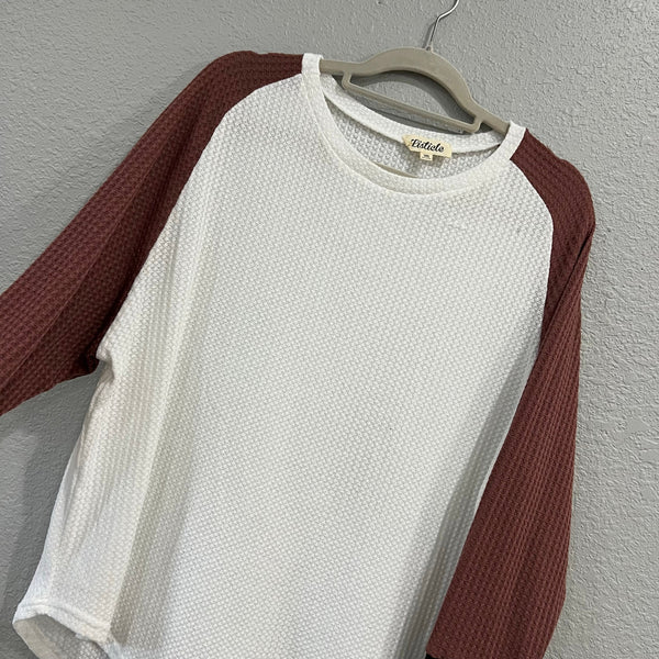 Listicle Waffle Knit Color Block Long Sleeve Blouse Medium