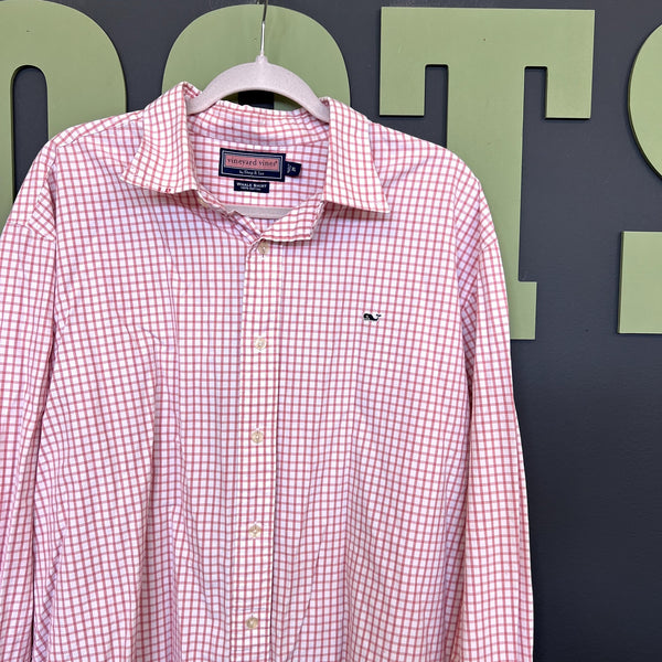 Vineyard Vines Light Red + White 100% Cotton Whale Shirt Button Down Top XL