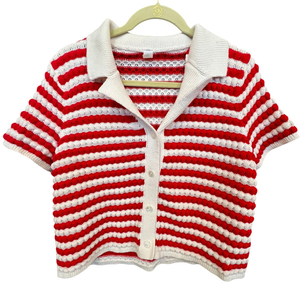 Old Navy Women's Red + White Button Down Knit Short Sleeve Sweater Large