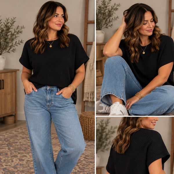See + Be Seen Women's Black Textured Boxy Top Plus Size 1XL