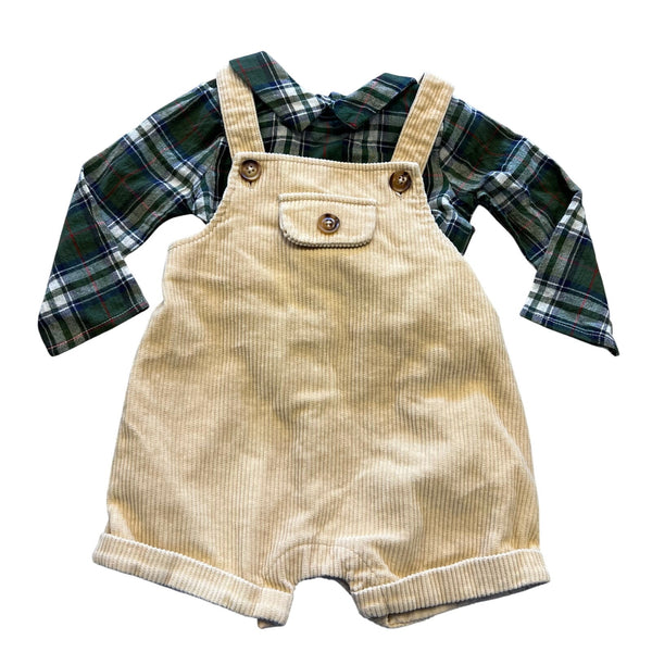 MudPie Corduroy Overalls with Plaid Undershirt Size 9-12 Mo