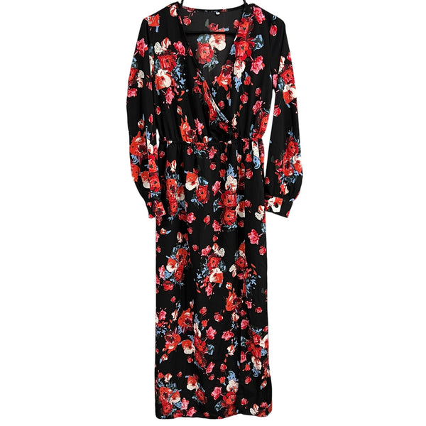 NWOT Black Floral Side Slit Long Sleeve V-Neck Maxi Dress Large