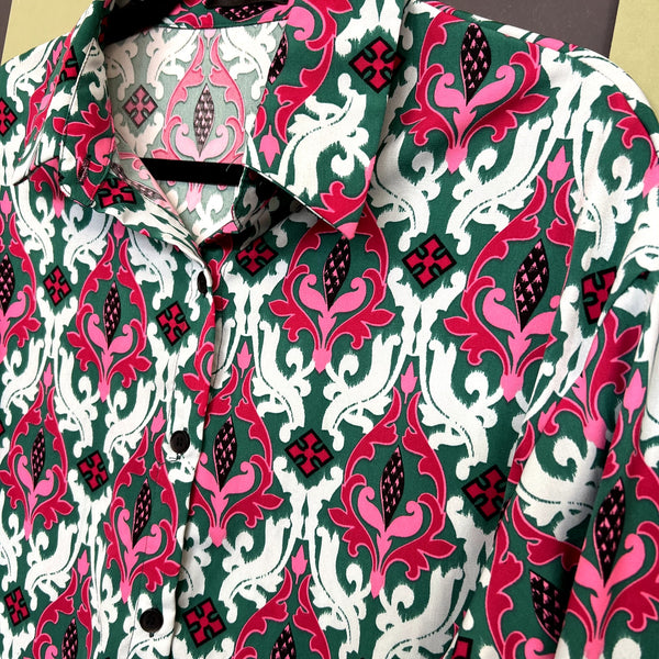 Women's Ikat Teal + Pink Button Down Satin Blouse Size Medium