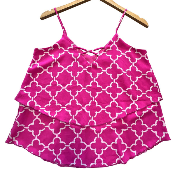 Women's Pink + White Lattice Pattern Tiered Tank Top Size Small