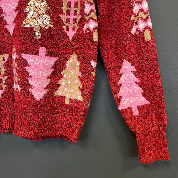Women's Red Christmas Tree Stacked Sweater XS