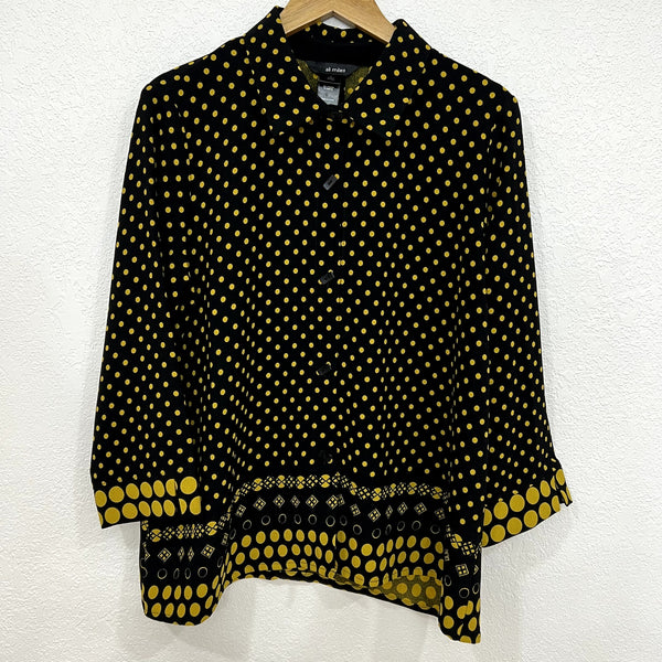 Ali Miles Black + Mustard Mixed Print Button Front Tunic Blouse Large