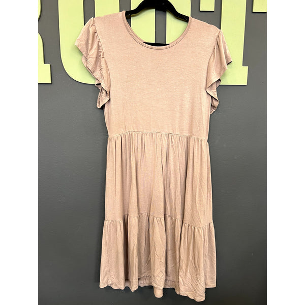 Women's Tiered Ruffle Sleeve Tan Mini Dress Size Large