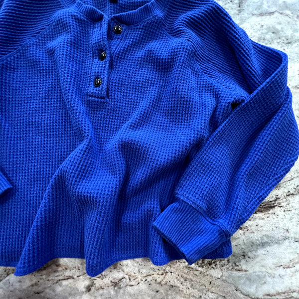 Old Navy Royal Blue Cropped Waffle Knit Quarter Button Top Size Large