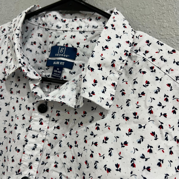 George Slim Fit White + Floral Casual Button Down Polo Men's Medium