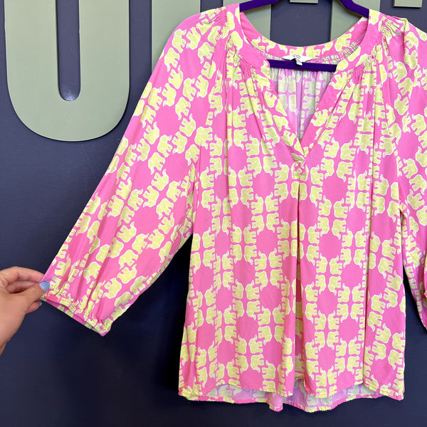 Crown + Ivy Pink + Yellow Elephant Print V-Neck 3/4 Sleeve Blouse Medium