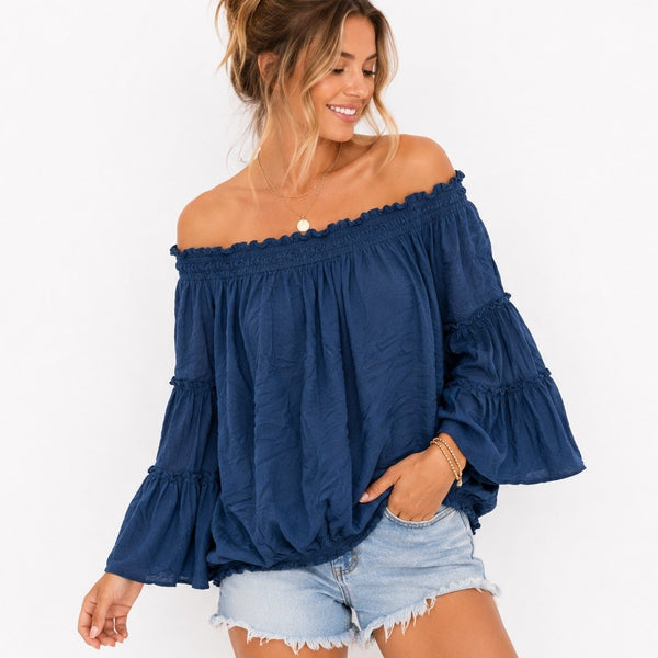 Free People Navy Off Shoulder Flare Sleeve Blouse Small