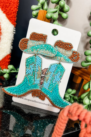 Seed Bead Teal Cowboy Boot Earrings