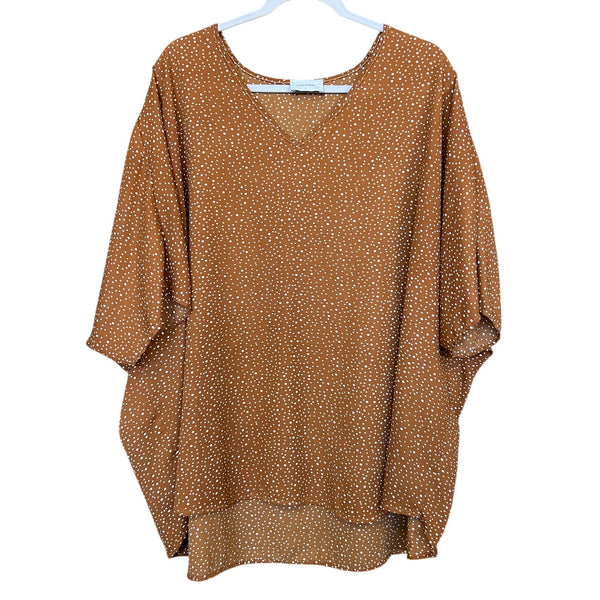 Adrienne Brown + White Polka Dot V-Neck Blouse Large