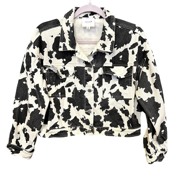 Le Lis Cow Print Denim Button Down Jacket Size Small