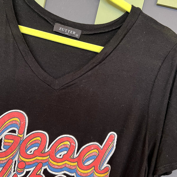 Zutter Good Vibes Black V-Neck Graphic Tee Medium