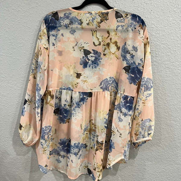 Peach Love Blush Pink Floral Bubble Sleeve Babydoll Blouse Medium