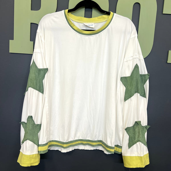 Women's Oversized White + Green Star Print Tee Size Large