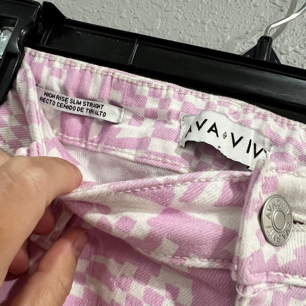Ava + Viv High Rise Slim Straight Retro Geometrical Purple + White Jeans Size 16