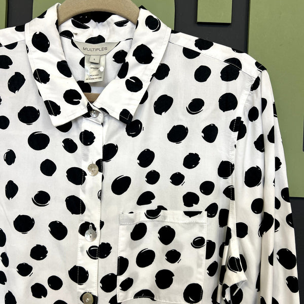 Multiples Black + White Polka Dot Long Sleeve Button Down Blouse Size Large