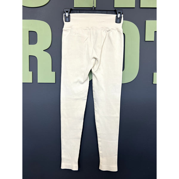 OQQ Cream Ribbed Crossover Full Length Leggings Size Small