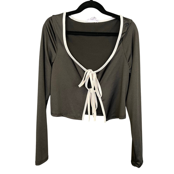 Live in the Moment Black Open Front White Bow Tie Crop Top Small