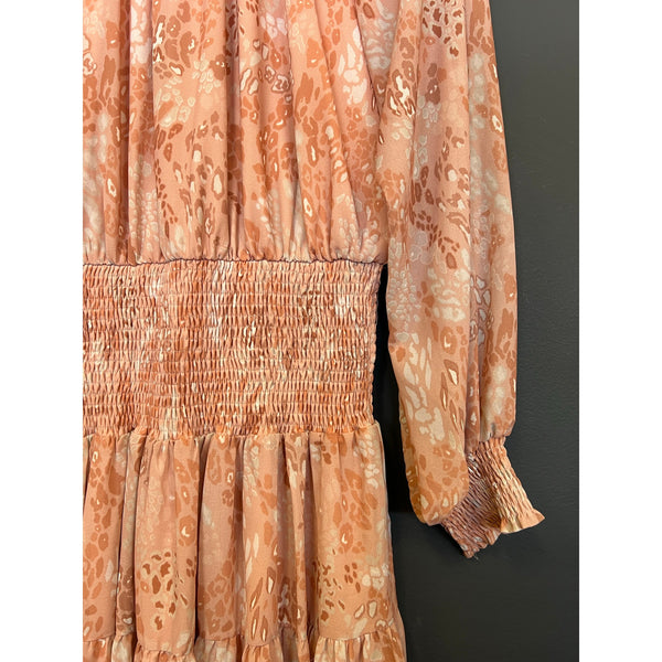 Flying Tomato Smocked Pink Long Sleeve Animal Print Ruffle Mini Dress Large