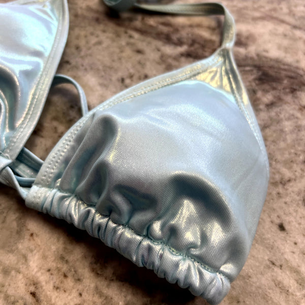 Light Blue Metallic Triangle String Bikini Top Size Small
