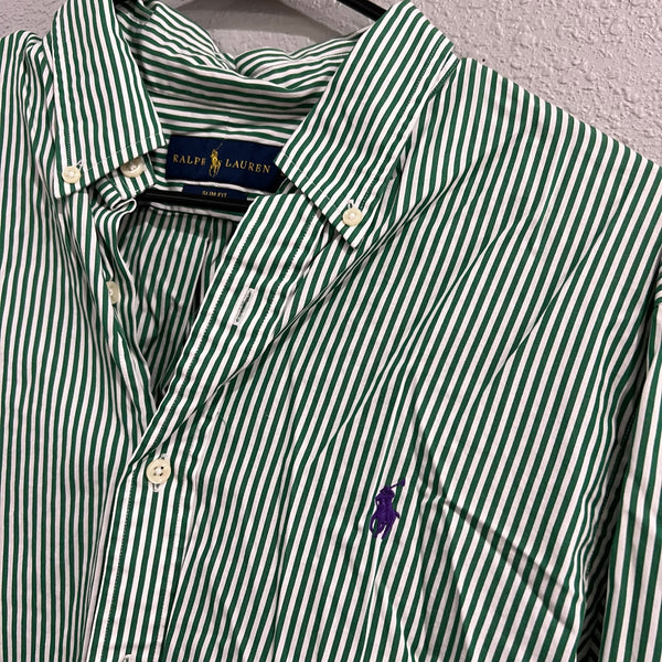 Ralph Lauren Blue Label Green + White Long Sleeve Slim Fit Button Down Large