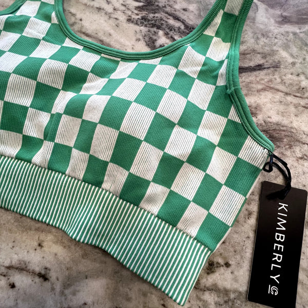 NWT Green + White Checkered Sports Bra Size Medium