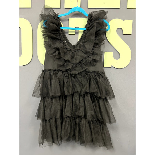 The Zigzag Stripe Black Tulle Tiered Ruffle Dress Medium