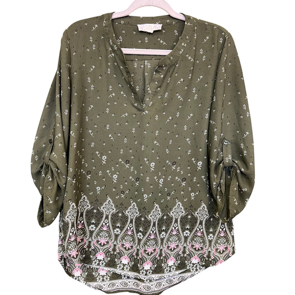 Pink Republic Floral Olive Green V-Neck Blouse Medium