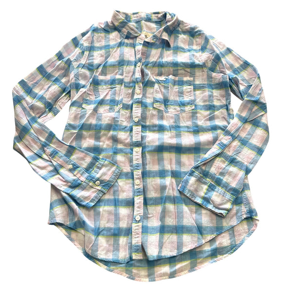 Hollister Y2K Teal + White Plaid Button Down Top Large
