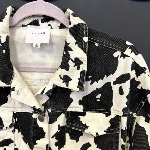 Le Lis Cow Print Denim Button Down Jacket Size Small