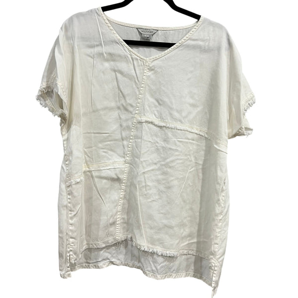 Multiples White Linen Blend Stitched V-Neck Blouse Large
