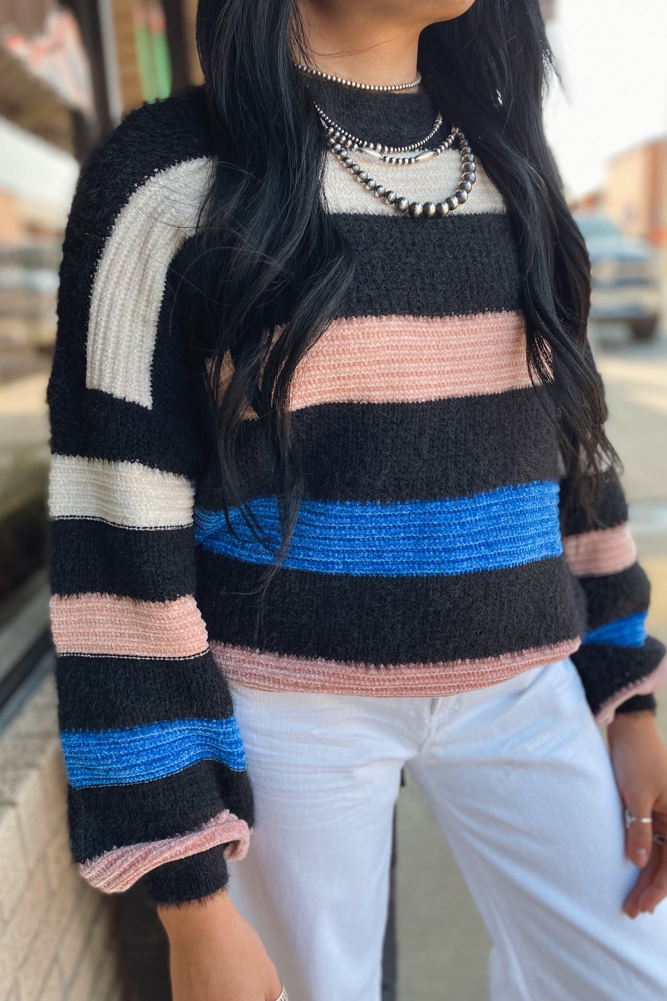 Black Chenille Striped Crew Neck Sweater