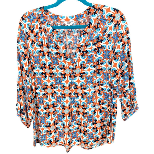 Crown + Ivy Coral & Blue Ikat Print Blouse Size Women's Large