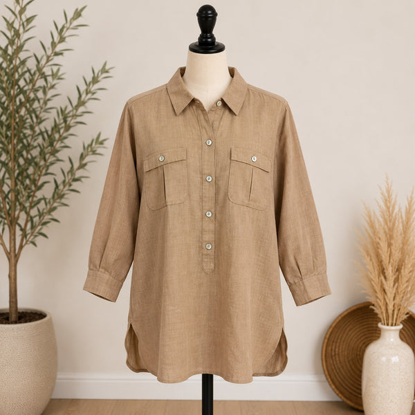 Chico's No Iron Half Button Tan Linen Blouse Size 2